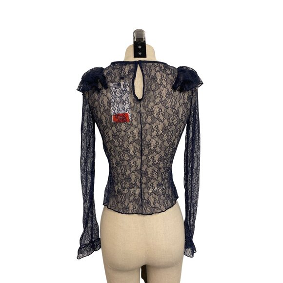 Zara Navy Lace Ruffle Long Sleeve Blouse S - Picture 6 of 10
